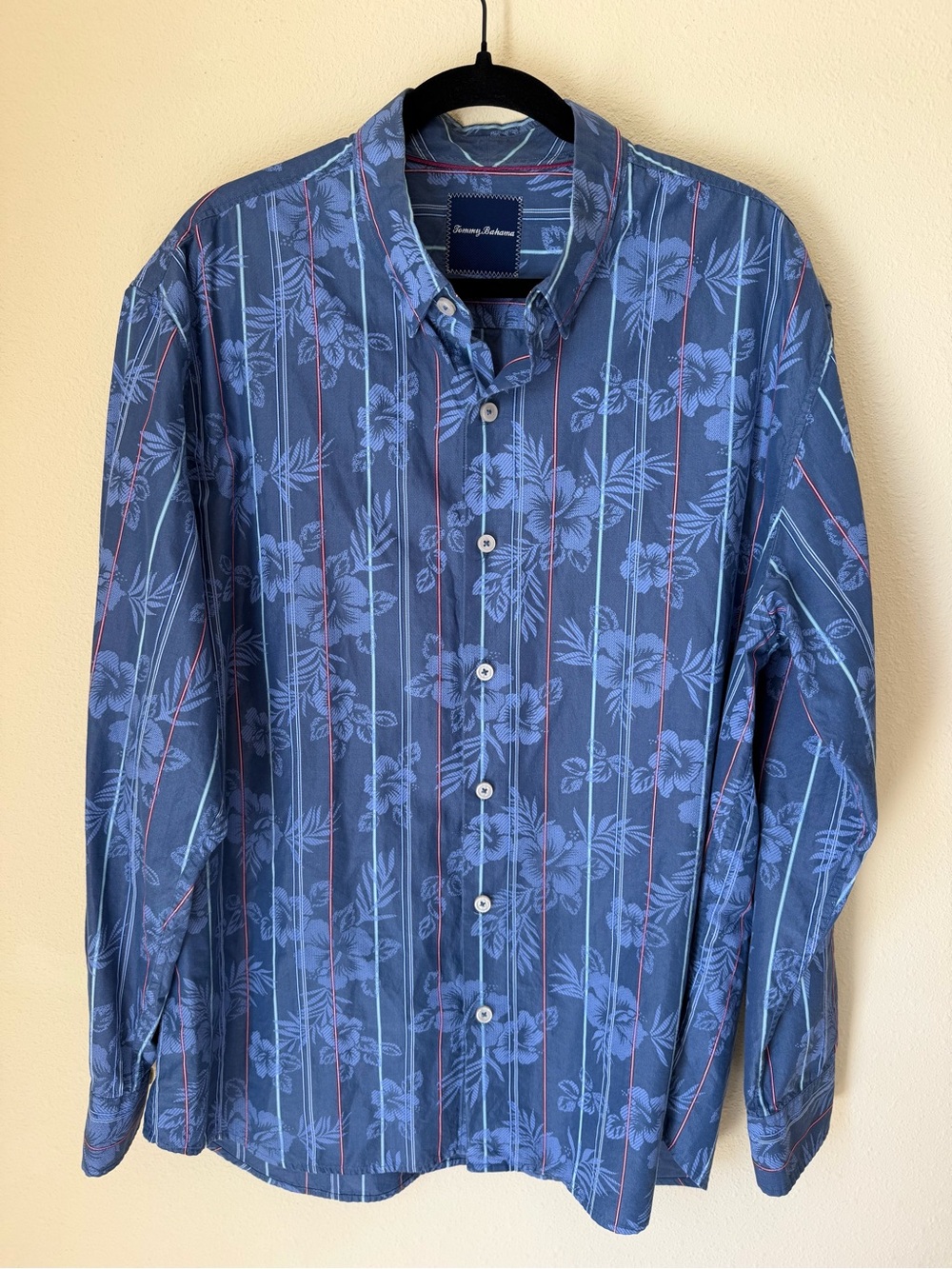 Tommy Bahama Blue Floral Stripe Button-Down Shirt Silk & Cotton Size XL EUC